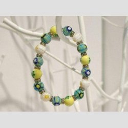 Armbnd af Glas - Millefiori Glasperler - Mix Bl/Diamant