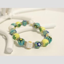 Armbnd af Glas - Millefiori Glasperler - Mix Bl/Diamant