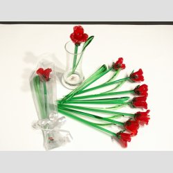 Gaveide - Vrtinde Gave eller Fest Gave - Rd Glas Rose med et Grn Blad - Pakket til Gave - 16-17cm