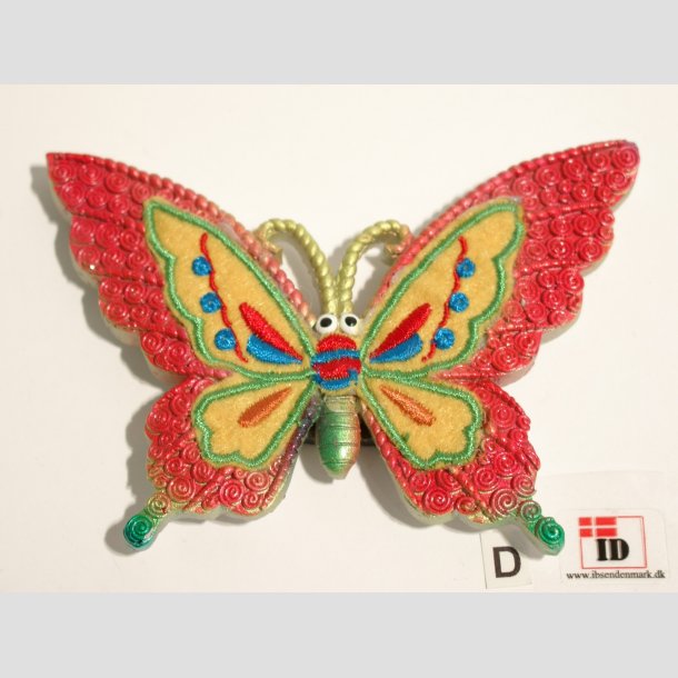 Magnet - Stof mix - Sommerfugl - 10cm Gul