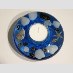 Stearinlys - Glas Lysestage - Drmmelys - Med Bl Strandskaller - 4x11cm