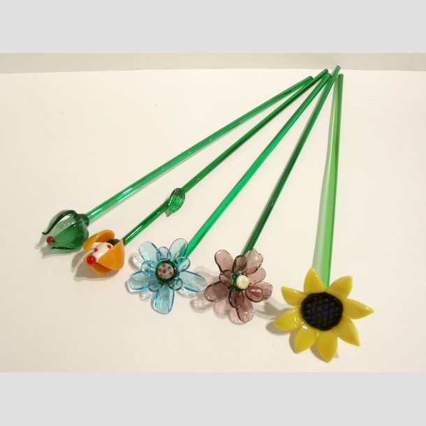 Stor Glas Blomst - P� Gr�n St�ngel - 1 S�t/5 stk - 30cm
