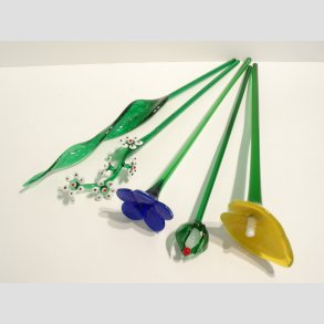Stor Glas Blomst & Blad - P� Gr�n St�ngel - 1 S�t/5 stk - 30cm