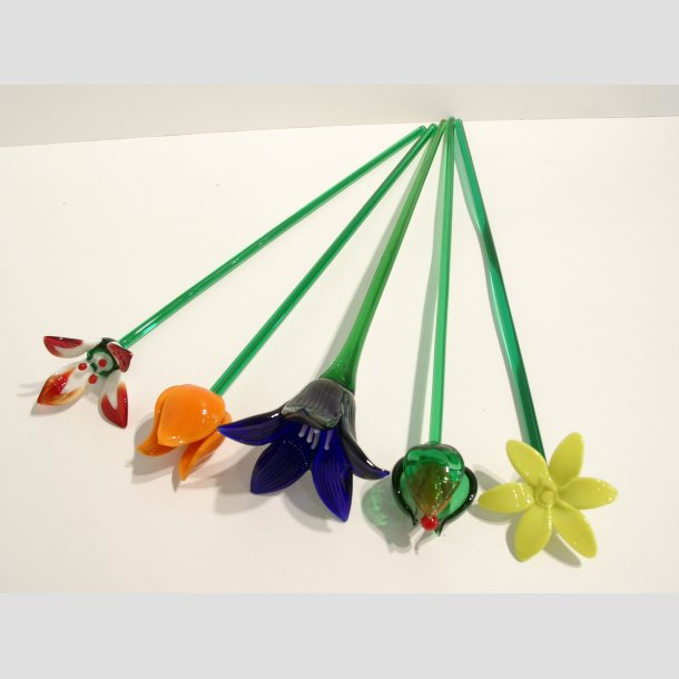 Stor Glas Blomst - P� Gr�n St�ngel - 1 S�t/5 stk - 30cm