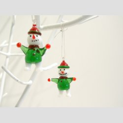 Julepynt - Hngende Glas Snemand - Hvid/Grn/Rd - 4cm