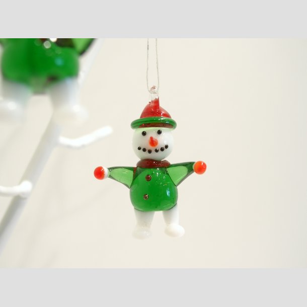 Christmas decorations - Hanging Glass Snowman - White/Green/Red - 4cm