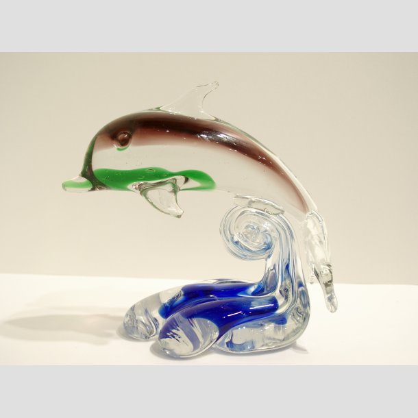 Glaskunst - Glas Delfin p� En B�lge - Klar/Lilla/Gr�n - 12cm