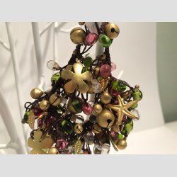 Armbnd - Karneval - Hnd Hklet &amp; Knyttet Armbnd - Forgylte Bjlder/Rd/Grn Mini Glas Sten