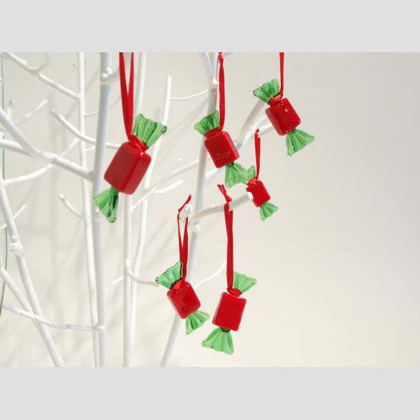 Hngende Glas Bolsjer - Rd/Grn - 5 cm - 1 St med 6 Stk