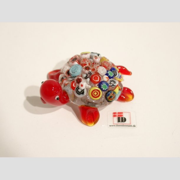 Skildpadde Glas - Tykke - Med Millefiori Stykker - 6cm R&oslash;d