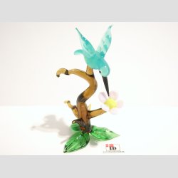 Glas Fugle - Kolibri i Tr Med Lyserd Blomst - 9cm