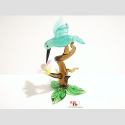 Glas Fugle - Kolibri i Tr Med Lyserd Blomst - 9cm