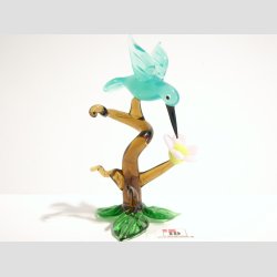 Glas Fugle - Kolibri i Tr Med Lyserd Blomst - 9cm