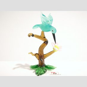 Glas Fugle - Kolibri i Tr Med Lyserd Blomst - 9cm