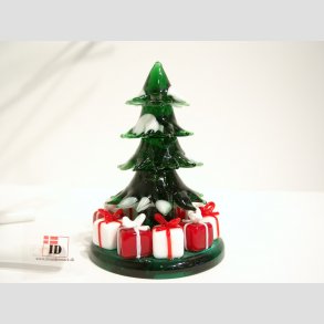 Glaskunst - Juletr I Glas - Massiv Med Rd/Hvide Julepakker - 11cm