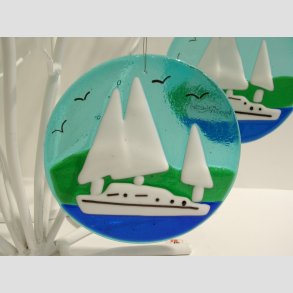 Glaskunst - Glas Sejlskib - Bl/Hvid/Grn - 12,5cm