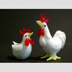 Glasfigur - Glas Hane &amp; Hne - Hvid/Rd - 5-8cm