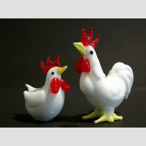 Glasfigur - Glas Hane & Hne - Hvid/Rd - 5-8cm