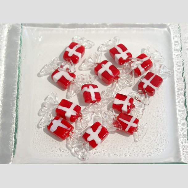 Glas Bolsjer - Rd/Hvid Mini Karameller - Danske Flag - 3cm Bolsjer 12stk