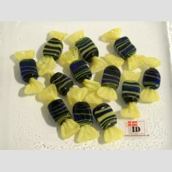 Glas Mini Bolsjer - Karameller - Bl/Gule Striber - 3cm