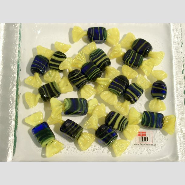 Glas Mini Bolsjer - Karameller - Bl/Gule Striber - 3cm Bolsjer 18stk