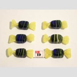 Glas Mini Bolsjer - Karameller - Bl/Gule Striber - 3cm