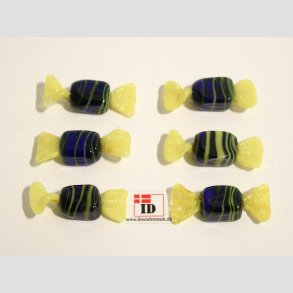 Glas Mini Bolsjer - Karameller - Bl/Gule Striber - 3cm