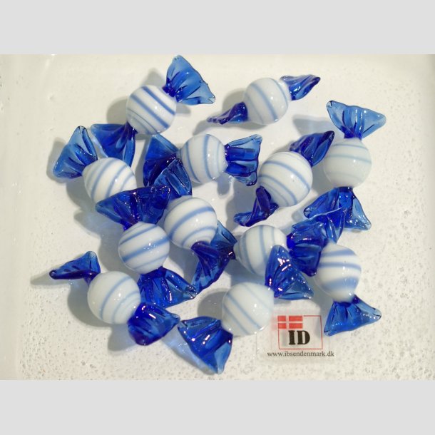 Glas Mini Bolsjer - Runde - Hvid/Bl Striber - 3cm Bolsjer 12stk