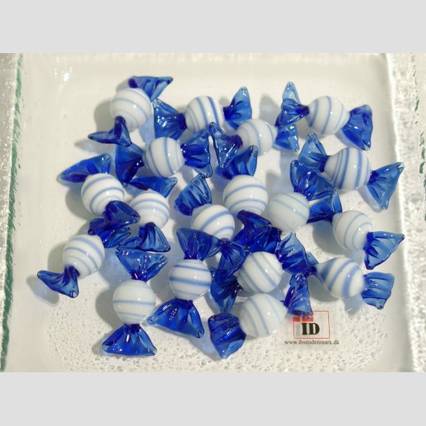 Glas Mini Bolsjer - Runde - Hvid/Bl Striber - 3cm Bolsjer 18stk