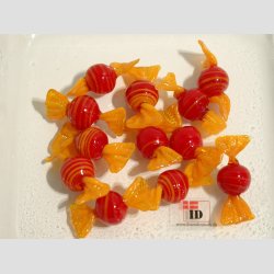 Glas Mini Bolsjer - Runde - Rd/Orange Striber - 3cm