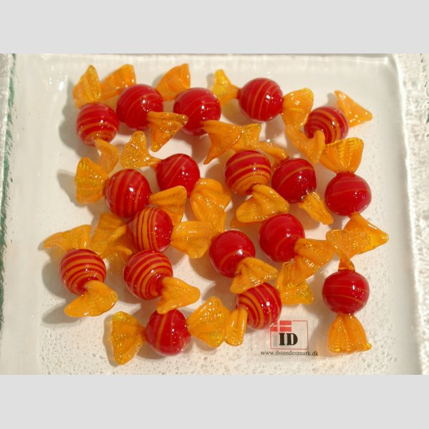 Glas Mini Bolsjer - Runde - Rd/Orange Striber - 3cm Bolsjer 18stk