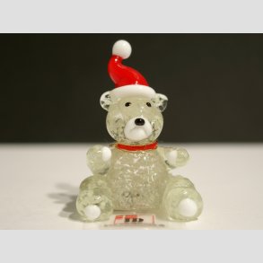 Julefigur - Glas Bamse - Selvlysende med Nissehue - 5cm