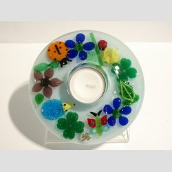 Lysestage - Fyrfad Drmmelys Med Ibsen Glas Figurer - "Flowers" - H5 D13cm