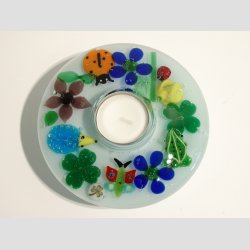 Lysestage - Fyrfad Drmmelys Med Ibsen Glas Figurer - "Flowers" - H5 D13cm