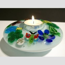 Lysestage - Fyrfad Drmmelys Med Ibsen Glas Figurer - "Flowers" - H5 D13cm