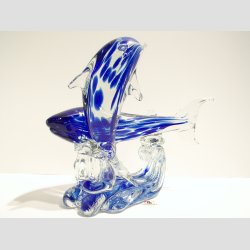 Glasfigurer - Delfin &amp; Haj P Blge - Klar/Bl - H18cm, B20cm