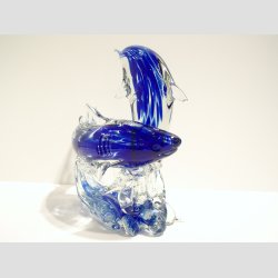 Glasfigurer - Delfin &amp; Haj P Blge - Klar/Bl - H18cm, B20cm