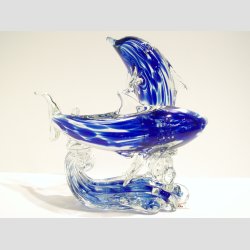 Glasfigurer - Delfin &amp; Haj P Blge - Klar/Bl - H18cm, B20cm