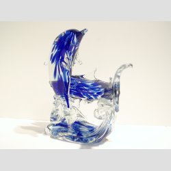 Glasfigurer - Delfin &amp; Haj P Blge - Klar/Bl - H18cm, B20cm