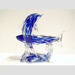 Glasfigurer - Delfin &amp; Haj P Blge - Klar/Bl - H18cm, B20cm