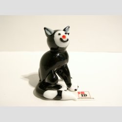 Kat Glasfigur - Siddende - Sort Med Lang Hale - 6cm