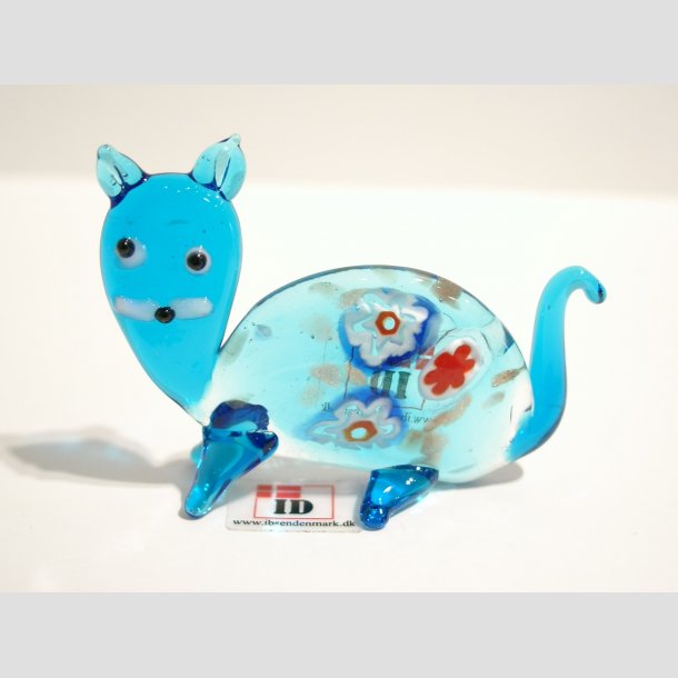Glas Kat - Med Millefiori - 7cm Lysebl&aring;