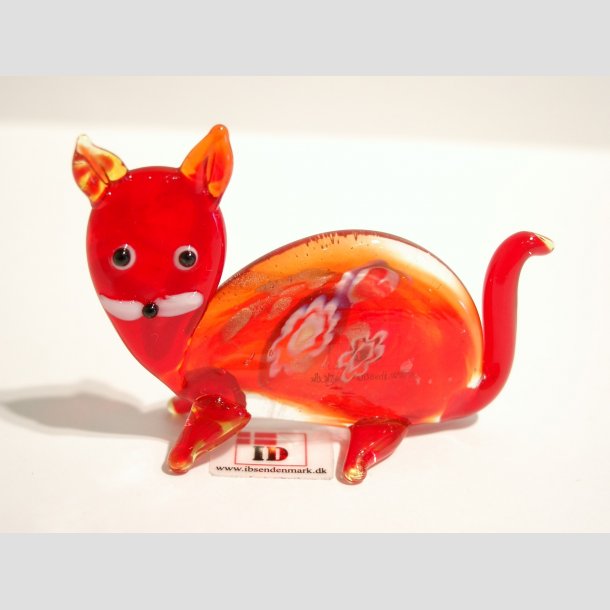 Glas Kat - Med Millefiori - 7cm R&oslash;d