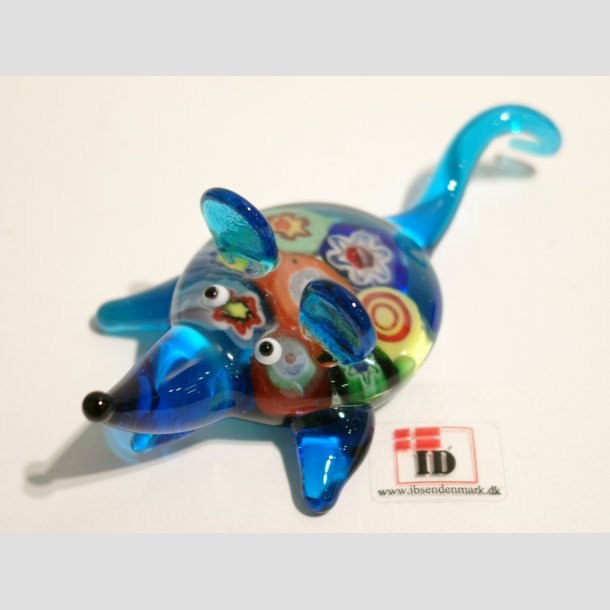 Glas Mus - Med Millefiori - 9cm Lysebl&aring;