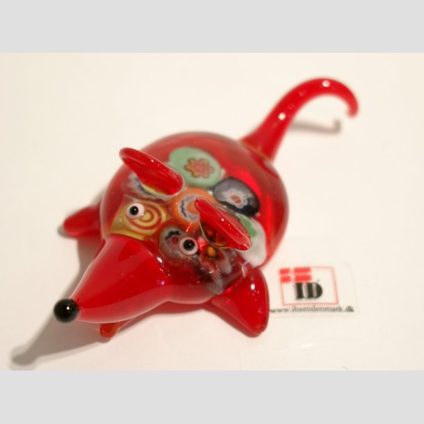 Glas Mus - Med Millefiori - 9cm R&oslash;d