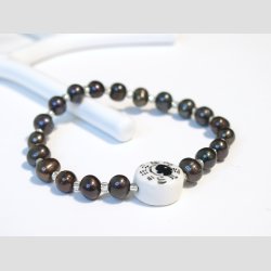 Armbnd - Mrkebrun Ferskevands Perler &amp; Yin-Yang Porceln Perle