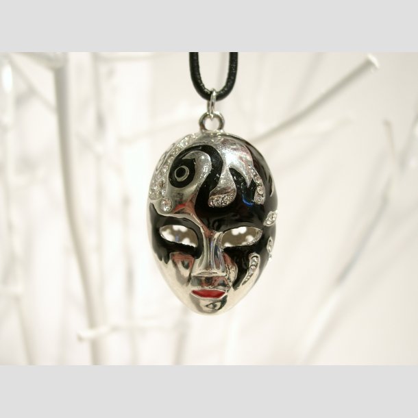 Masker - Ansigt / Mask Smykke Halskde - Forgylt/Sort Lderrem - 25cm ID Deko1