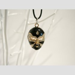 Masker - Ansigt / Mask Smykke Halskde - Forgylt/Sort Lderrem - 25cm