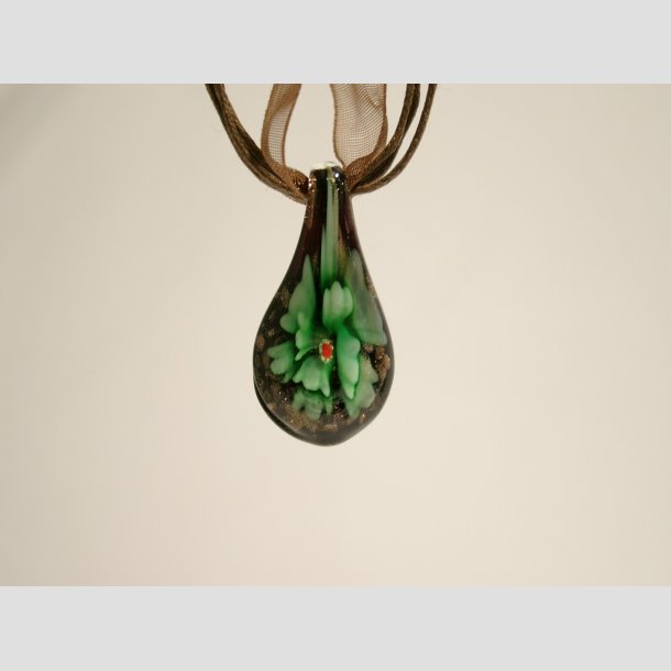 Halskde - Glas Blomst i Drbe - Sort/Guld - 26cm Gr&oslash;n