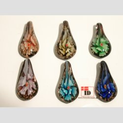 Glas Smykke Vedhng - Blomst i Drbe - Sort/Guld - 3,5cm